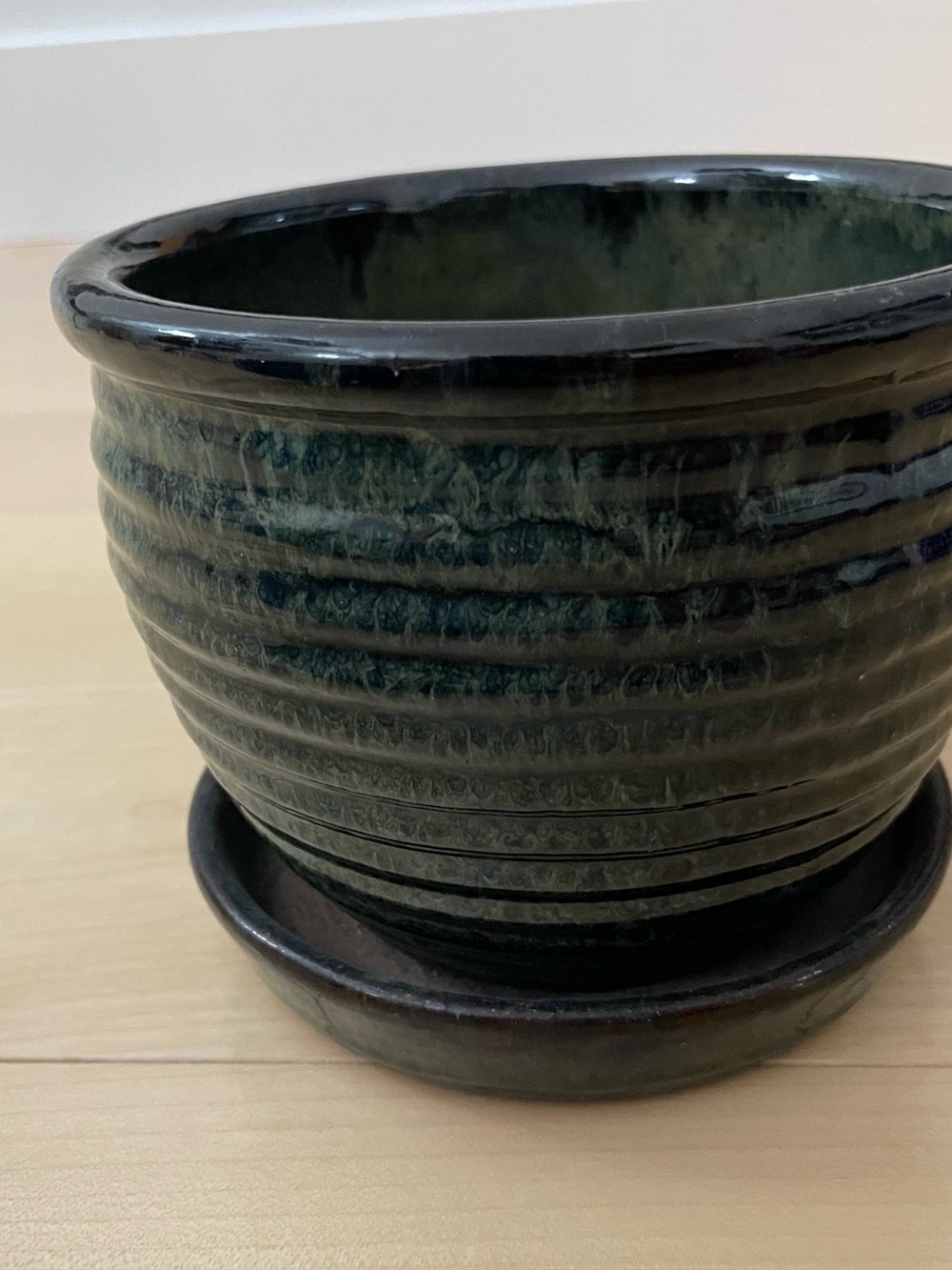 Glazed Ceramic Planter Pot with Matching Saucer Ribbed Dark Green Black Reactive